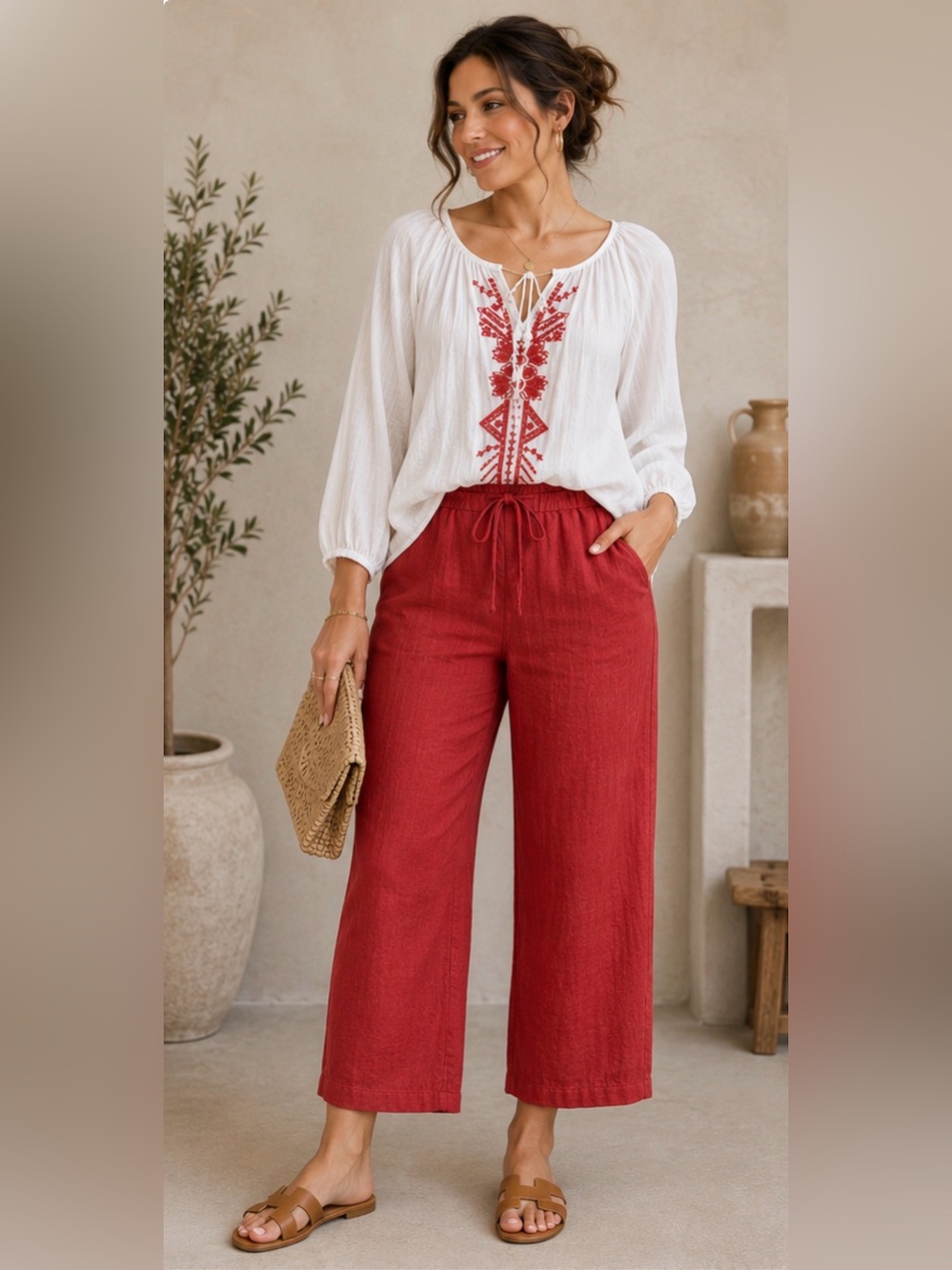 Boho Embroidered Peasant Blouse White Gauze Tunic Top Resort Vacation Style